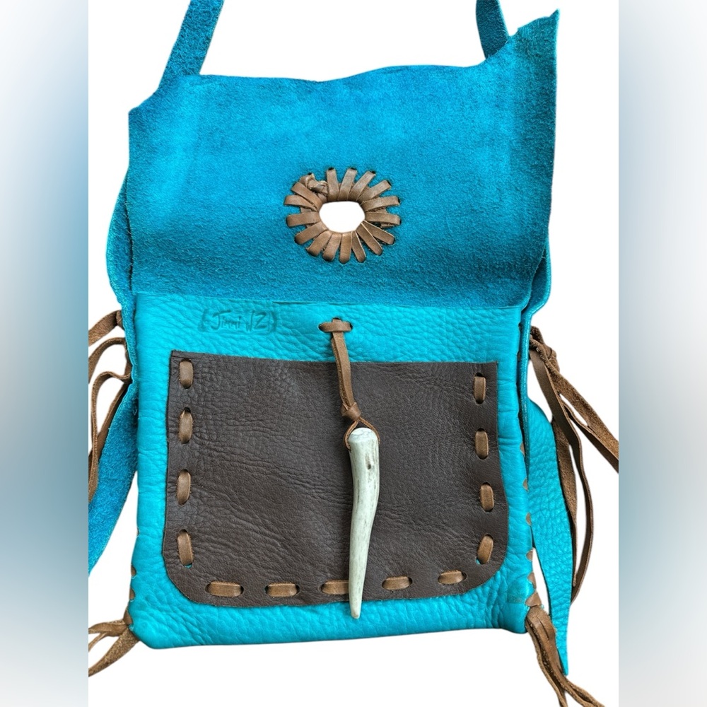 Jimmi WZ Leather Bag Purse Turquoise/Teal/Brown Crossbody BoHo Handmade - Picture 5 of 11